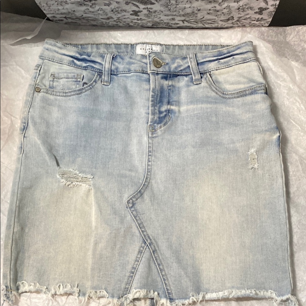 Celebrity Pink | Light Blue Denim Skirt - distressed hem - 26